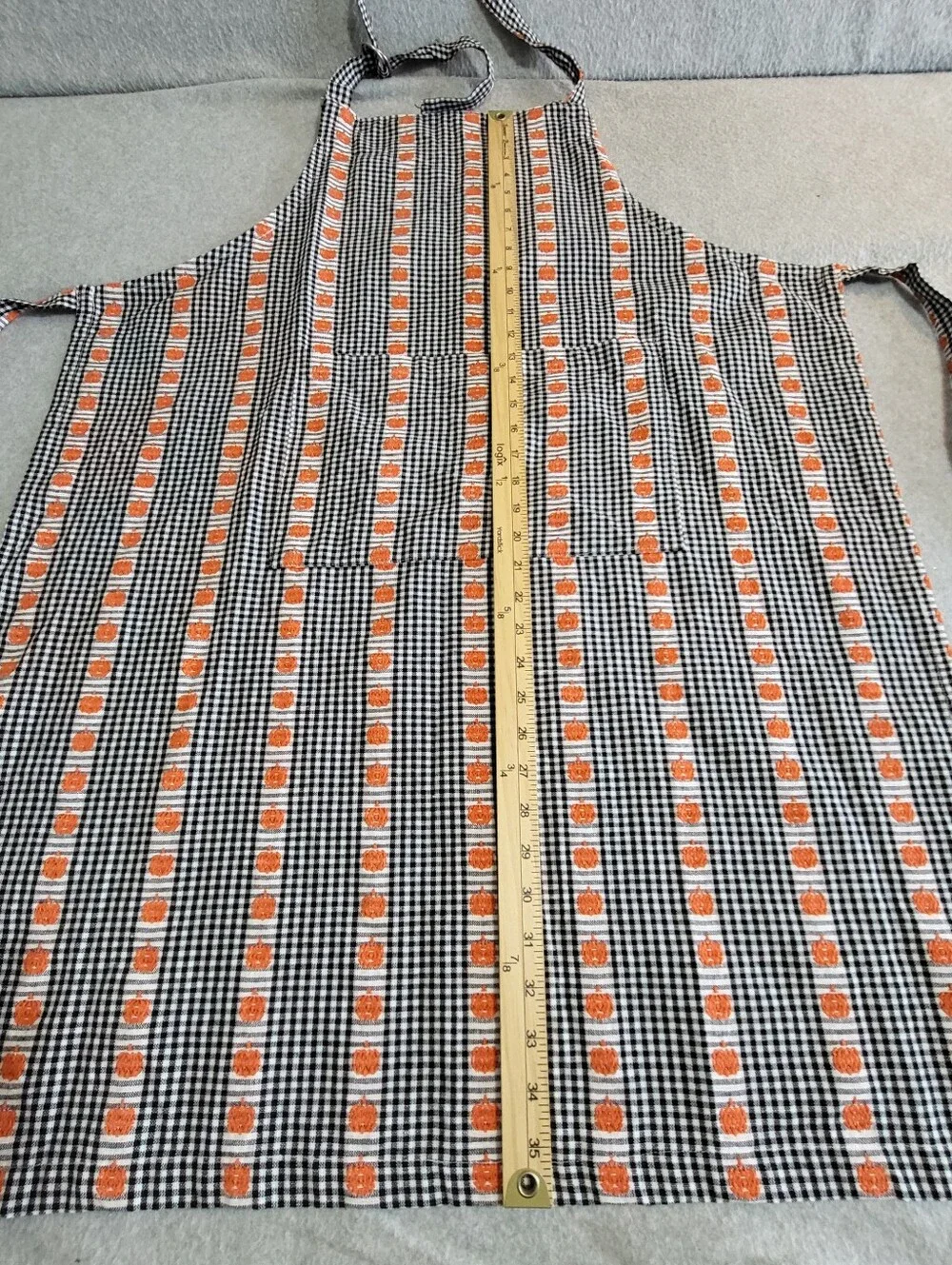 Shabby Chic Halloween Bib Apron Embroidered Pumpkins Black White Check Pocket